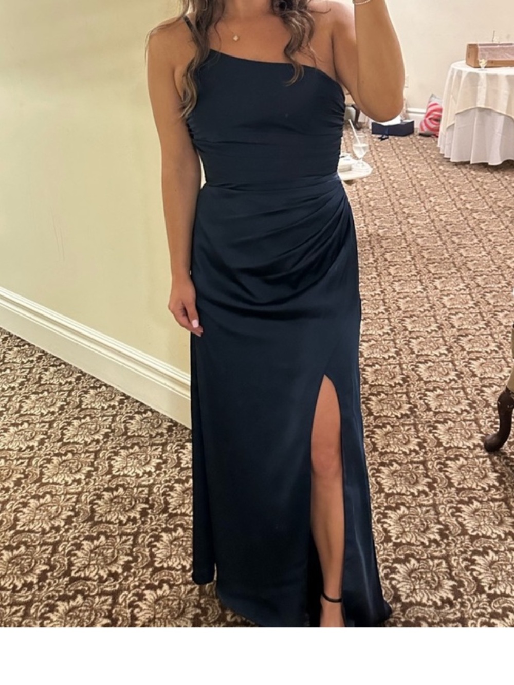 Elegant navy  One-Shoulder Dress; Azazie eren dress